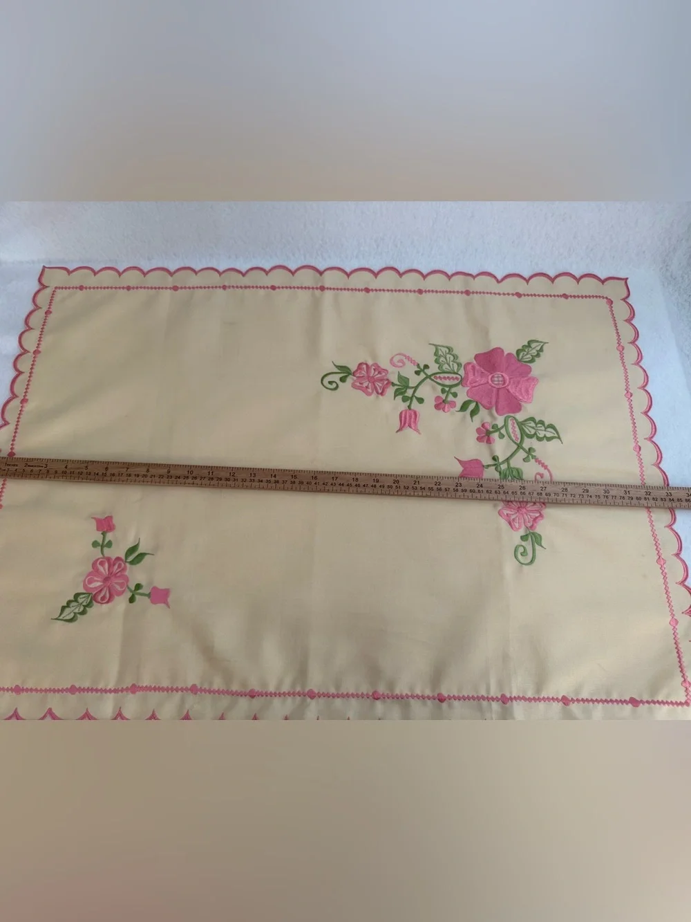 Ivory Pink & Green Floral Embroidered Pillowcase, Scalloped Edge, 33x 23 VTG